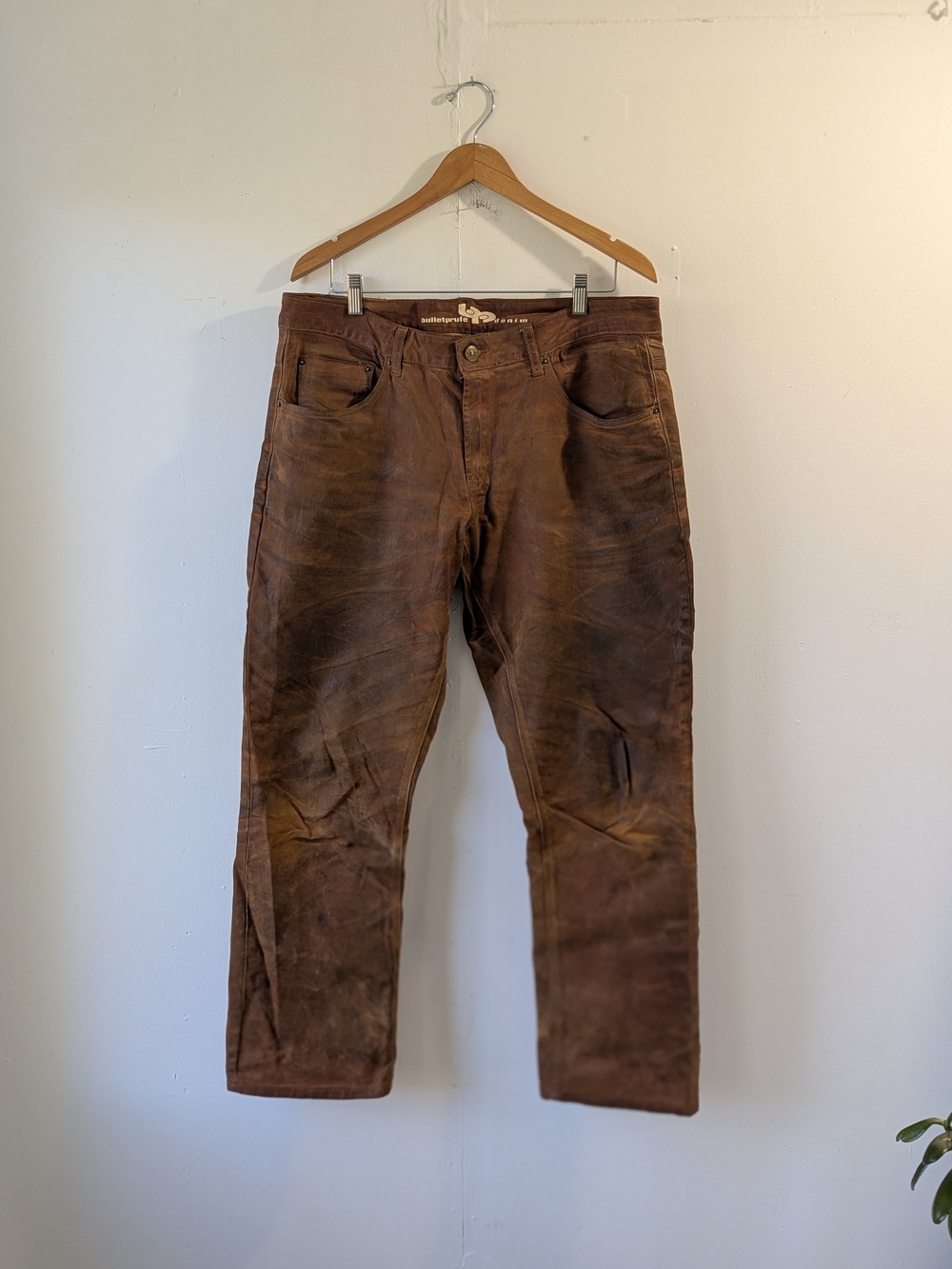 bulletprufe Waxed Denim Brown Jeans Distressed Patina Size 36